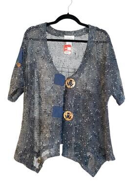 Catalog Favorites Artsy Lagenlook Top Shirt L Blue Large Buttons Open Knit Boho